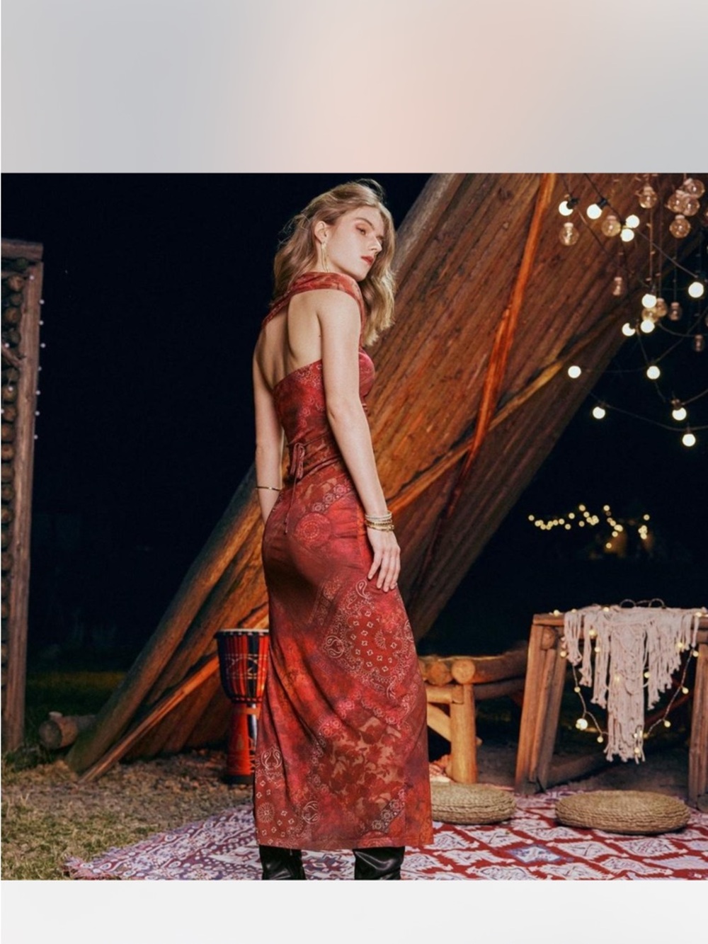 Women’s Red Paisley Maxi Cap Sleeve Square-Neck Bodycon Dress - Picture 4 of 4